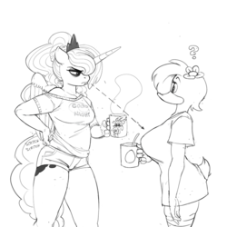 Size: 900x900 | Tagged: safe, artist:kevinsano, discord, princess luna, duck, anthro, luna-afterdark, g4, big breasts, breast envy, breasts, clothes, coffee, coffee mug, duck tits, duo, female, grayscale, herny, monochrome, mug, shorts, song in the comments