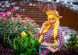 Size: 2000x1424 | Tagged: safe, artist:patcave, applejack, human, g4, 2012, anime weekend atlanta, apple, belly button, clothes, convention, cosplay, freckles, front knot midriff, irl, irl human, midriff, photo, shorts, solo