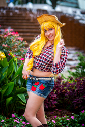 Size: 1333x2000 | Tagged: safe, artist:patcave, applejack, human, g4, 2012, anime weekend atlanta, clothes, convention, cosplay, front knot midriff, irl, irl human, midriff, photo, shorts, solo