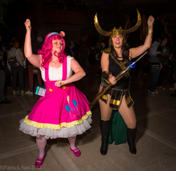 Size: 2000x1935 | Tagged: artist needed, safe, pinkie pie, human, g4, 2012, anime weekend atlanta, convention, cosplay, crossover, irl, irl human, loki, photo, suspenders
