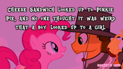 Size: 500x281 | Tagged: safe, edit, screencap, boneless, cheese sandwich, pinkie pie, g4, pinkie pride, feminism, feminism is magic, meta, stallionism, text