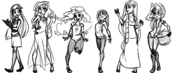 Size: 3800x1600 | Tagged: safe, artist:thelivingmachine02, applejack, fluttershy, pinkie pie, rainbow dash, rarity, twilight sparkle, human, g4, basket, boots, clothes, doodle, dress, flower, flower in hair, grayscale, humanized, line-up, long skirt, mane six, monochrome, shoes, simple background, skirt, white background
