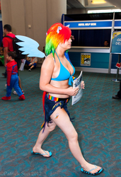 Size: 1365x2000 | Tagged: artist needed, safe, rainbow dash, human, g4, 2012, bikini top, convention, cosplay, feet, flip-flops, irl, irl human, nail polish, photo, san diego comic con, sandals, sdcc 2012