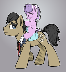 Size: 783x855 | Tagged: safe, artist:arcum42, artist:xioade, diamond tiara, filthy rich, earth pony, pony, g4, blank flank, colored, cute, diamond tiara riding filthy rich, diamondbetes, duo, equestria's best father, father and child, father and daughter, female, filly, foal, gradient background, male, missing accessory, ponies riding ponies, riding, stallion