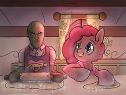 Size: 1280x960 | Tagged: safe, pinkie pie, g4, baking, dough, duo, frank castle, frank castle's face, kitchen, punisher, rolling pin