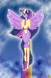 Size: 710x1075 | Tagged: safe, artist:odiz, twilight sparkle, anthro, g4, twilight's kingdom, breasts, busty twilight sparkle, female, human facial structure, power girl, rainbow power, solo, super saiyan princess, twilight sparkle (alicorn)