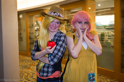 Size: 2000x1333 | Tagged: artist needed, safe, artist:hk-sayaka, artist:soraxlxlightxfangirl, applejack, fluttershy, human, g4, 2012, convention, cosplay, irl, irl human, momocon, momocon 2012, photo