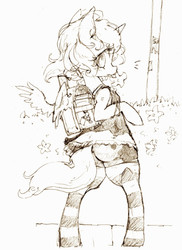 Size: 600x823 | Tagged: safe, artist:toki, princess luna, pony, semi-anthro, g4, backpack, bag charm, bipedal, bracelet, butt, camisole, charm, clothes, digital art, female, flower, jewelry, looking at you, looking back, monochrome, outdoors, pixiv, plot, randoseru, s1 luna, socks, solo, spread wings, standing, striped socks, winged backpack, wings