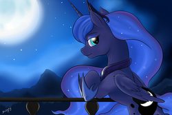Size: 3000x2000 | Tagged: safe, artist:nobody47, princess luna, alicorn, pony, g4, balcony, cute, female, high res, looking at you, lunabetes, moon, night, solo, stars, wing fluff