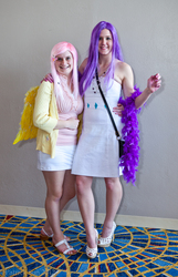 Size: 1289x2000 | Tagged: artist needed, safe, fluttershy, rarity, human, g4, 2012, convention, cosplay, feather boa, irl, irl human, momocon, momocon 2012, photo
