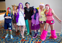 Size: 2000x1396 | Tagged: artist needed, safe, applejack, discord, fluttershy, pinkie pie, rainbow dash, rarity, twilight sparkle, human, g4, 2012, convention, cosplay, feather boa, irl, irl human, leg warmers, mane six, momocon, momocon 2012, photo