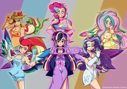 Size: 2825x1977 | Tagged: safe, artist:arteses-canvas, applejack, fluttershy, pinkie pie, rainbow dash, rarity, twilight sparkle, human, g4, breasts, busty applejack, busty fluttershy, busty pinkie pie, busty rarity, busty twilight sparkle, cleavage, clothes, cutie mark, cutie mark on clothes, elf ears, freckles, gloves, heart hands, humanized, mane six, rainbow power, shoulder freckles, twilight sparkle (alicorn), unicorns as elves, winged humanization