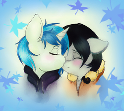 Size: 1271x1146 | Tagged: safe, artist:tilly-towell, dj pon-3, octavia melody, vinyl scratch, earth pony, pony, unicorn, g4, clothes, duo, eyes closed, female, floppy ears, jacket, kissing, lesbian, ship:scratchtavia, shipping