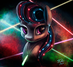 Size: 1500x1378 | Tagged: safe, artist:tsitra360, octavia melody, earth pony, pony, g4, abstract background, bedroom eyes, bust, featured image, female, fluffy, glowstick, party, portrait, rave, rays, reflection, smiling, solo, sparkles, update