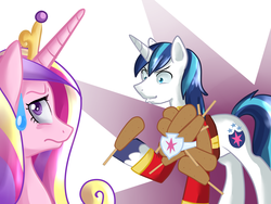 Size: 1600x1200 | Tagged: safe, artist:annakitsun3, princess cadance, shining armor, alicorn, pony, unicorn, friendship is witchcraft, g4, corndog, female, foaly matripony, food, francis sparkle, funny, looking at you, male, mare, outfit made of corndogs, stallion