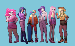 Size: 1280x784 | Tagged: safe, artist:mayeko, applejack, fluttershy, pinkie pie, rainbow dash, rarity, twilight sparkle, human, g4, apple, bomber jacket, clothes, colored, horn wand, humanized, mane six, skateboard, skirt, wand, winged shoes