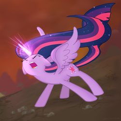 Size: 2000x2000 | Tagged: safe, artist:isa-isa-chan, twilight sparkle, alicorn, pony, g4, my little pony: friendship is magic, twilight's kingdom, eyes closed, female, glowing horn, high res, horn, mare, scene interpretation, solo, super saiyan princess, twilight sparkle (alicorn)