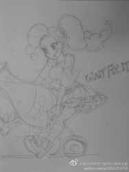 Size: 640x853 | Tagged: safe, artist:daikoku, pinkie pie, human, g4, chinese, clothes, female, humanized, manegirls, monochrome, off shoulder, party cannon, sketch, solo, traditional art