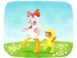 Size: 1024x768 | Tagged: safe, artist:doqwor, pinkie pie, scootaloo, earth pony, pegasus, pony, g4, animal costume, bipedal, chick, chicken pie, chicken suit, clothes, costume, cute, cutealoo, diapinkes, duo, scootachicken