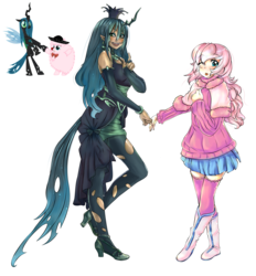 Size: 2600x2800 | Tagged: safe, artist:magico-enma, queen chrysalis, oc, oc:fluffle puff, changeling, changeling queen, human, pony, g4, canon x oc, clothes, cute, cutealis, flufflebetes, goth, hat, high res, horn, horned humanization, humanized, pose, ship:chrysipuff, shipping, simple background, sombrero, stockings, tailed humanization, tongue out, transparent background, wink