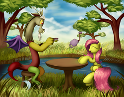 Size: 2100x1650 | Tagged: safe, artist:grennadder, discord, fluttershy, g4, female, friendship, male, pond, ship:discoshy, shipping, smiling, stool, straight, table, tea, teacup, teapot, tree