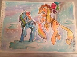 Size: 960x720 | Tagged: safe, artist:zuckey, applejack, rainbow dash, g4, balloon, female, lesbian, ship:appledash, shipping, traditional art