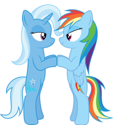 Size: 5000x5500 | Tagged: safe, artist:waveywaves, rainbow dash, trixie, pegasus, pony, unicorn, g4, absurd resolution, bedroom eyes, bipedal, duo, female, horn, lesbian, mare, shipping, simple background, transparent background, trixdash