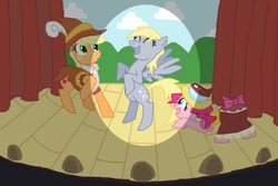 Size: 1024x682 | Tagged: safe, artist:chaos-flare44, applejack, chancellor puddinghead, derpy hooves, pinkie pie, smart cookie, earth pony, pegasus, pony, g4, hearth's warming eve (episode), female, hearth's warming eve, mare, spotlight, stage