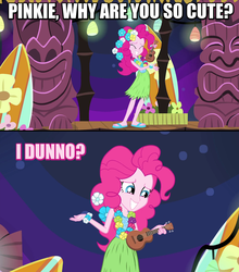 Size: 768x873 | Tagged: safe, edit, edited screencap, screencap, pinkie pie, equestria girls, g4, my little pony equestria girls: rainbow rocks, shake your tail, clothes, cute, diapinkes, female, grass skirt, grin, hulapie, i dunno, image macro, lei, meme, musical instrument, pink text, shrug, skirt, smiling, solo, ukulele