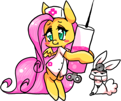 Size: 683x570 | Tagged: safe, artist:puds, angel bunny, fluttershy, g4, giant syringe, nurse, nurse outfit, stethoscope, syringe