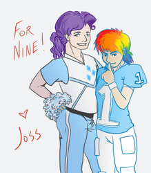 Size: 500x571 | Tagged: safe, artist:sorenhateseverything, rainbow dash, rarity, human, g4, american football, cheerleader, female, humanized, lesbian, ship:raridash, shipping, sports