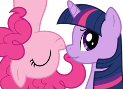 Size: 4160x3001 | Tagged: safe, artist:ambassad0r, pinkie pie, twilight sparkle, g4, :t, boop, eyes closed, frown, high res, looking at you, nose wrinkle, noseboop, scrunchy face, simple background, smiling, transparent background, upside down, vector