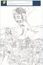 Size: 842x1280 | Tagged: safe, artist:cheasyman, bon bon, lyra heartstrings, princess celestia, sweetie drops, alicorn, earth pony, pony, unicorn, ask housewife bonbon, g4, ask, dialogue, female, mare, monochrome, phone, traditional art, tumblr