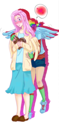 Size: 953x2000 | Tagged: safe, artist:himram, fluttershy, rainbow dash, human, g4, blushing, chocolate, clothes, duo, emoticon, female, fingerless gloves, gloves, heart, hug, hug from behind, humanized, lesbian, pictogram, present, ship:flutterdash, shipping, shoes, shy, skirt, speech bubble, valentine, valentine's day, winged humanization, winged shoes, wings