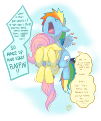 Size: 3802x4545 | Tagged: dead source, safe, artist:joehnna, fluttershy, rainbow dash, pegasus, pony, g4, 2013, carrying, dialogue, duo, female, filly, fluttershy being fluttershy, flying, flying lesson, holding a pony, scared, younger
