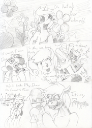 Size: 1000x1383 | Tagged: safe, artist:cheasyman, carrot top, derpy hooves, dinky hooves, golden harvest, pegasus, pony, ask housewife bonbon, g4, ask, female, mare, monochrome, traditional art, tumblr