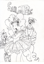 Size: 900x1294 | Tagged: safe, artist:cheasyman, apple bloom, gilda, gummy, pinkie pie, griffon, pony, ask housewife bonbon, g4, ask, bipedal, clothes, costume, crossover, monochrome, sailor moon (series), traditional art, tumblr