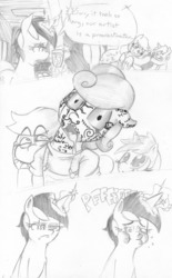 Size: 900x1449 | Tagged: safe, artist:cheasyman, bon bon, derpy hooves, dinky hooves, lyra heartstrings, sweetie drops, pegasus, pony, ask housewife bonbon, g4, ask, female, mare, monochrome, traditional art, tumblr