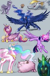 Size: 1024x1536 | Tagged: dead source, safe, artist:oblivionheart13, derpy hooves, princess cadance, princess celestia, princess luna, queen chrysalis, twilight sparkle, oc, oc:fluffle puff, alicorn, pony, g4, alicornified, angry, deviantart watermark, female, flufflecorn, glowing eyes, glowing horn, horn, magic, mare, muffin, obtrusive watermark, open mouth, race swap, sketch dump, twilight sparkle (alicorn), watermark