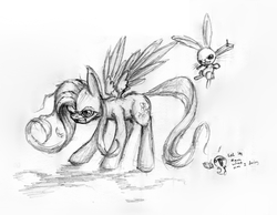 Size: 3007x2334 | Tagged: safe, artist:tungstenbulb, angel bunny, fluttershy, g4, grayscale, high res, monochrome, traditional art