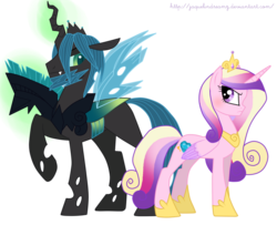 Size: 900x729 | Tagged: dead source, source needed, safe, artist:jaquelindreamz, princess cadance, queen chrysalis, alicorn, changeling, pony, g4, :c, blushing, changeling king, frown, king metamorphosis, rule 63, simple background, transparent background