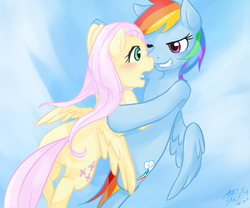 Size: 600x500 | Tagged: safe, artist:starblame, fluttershy, rainbow dash, g4, flying, pixiv