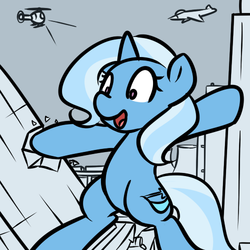 Size: 500x500 | Tagged: safe, artist:theparagon, trixie, pony, unicorn, g4, bipedal, city, female, helicopter, macro, mare, plane, solo