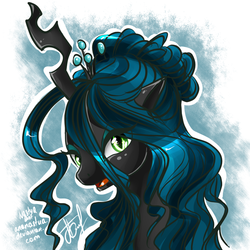Size: 800x800 | Tagged: safe, artist:ananastua, queen chrysalis, changeling, changeling queen, g4, alternate hairstyle, beautiful, bust, crown, cute, cutealis, eye clipping through hair, female, hair bun, jewelry, looking at you, regalia, signature, solo
