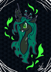 Size: 841x1190 | Tagged: safe, artist:chirpy-chi, queen chrysalis, changeling, changeling queen, g4, female, grin, profile, solo