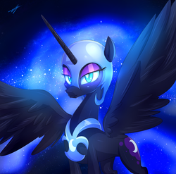 Size: 1800x1780 | Tagged: safe, artist:kyodashiro, nightmare moon, alicorn, pony, g4, bedroom eyes, feathered wings, female, helmet, looking at you, mare, peytral, signature, slender, smiling, smiling at you, solo, spread wings, stars, thin, wings