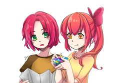 Size: 1500x1000 | Tagged: safe, artist:foxmi, apple bloom, babs seed, human, g4, anime, colored pupils, cousins, duo, eye clipping through hair, female, humanized, map, open mouth, pixiv, rubik's cube