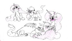 Size: 800x461 | Tagged: safe, artist:xstooiex, discord, princess celestia, g4, female, filly, hair pulling, male, monochrome, pink-mane celestia, ship:dislestia, shipping, sketch, straight, traditional art, younger