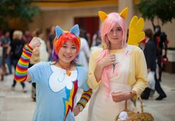 Size: 1600x1114 | Tagged: safe, artist:patcave, fluttershy, rainbow dash, human, g4, 2011, anime weekend atlanta, apron, arm warmers, basket, clothes, convention, cosplay, irl, irl human, photo