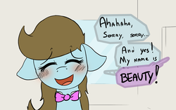 Size: 1280x804 | Tagged: safe, artist:fiddlearts, beauty brass, g4, blushing, bowtie, dialogue, female, solo